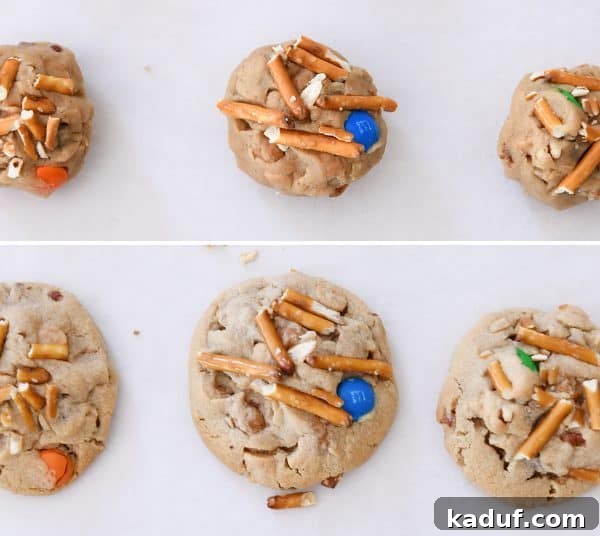 Peanut Butter Cosmic Crunch Cookies 8 Unbaked and baked peanut butter kitchen sink cookies.
