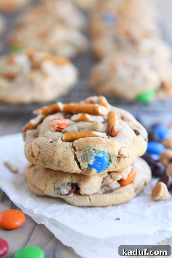 Peanut Butter Cosmic Crunch Cookies 9 Stack of two baked peanut butter kitchen sink cookies