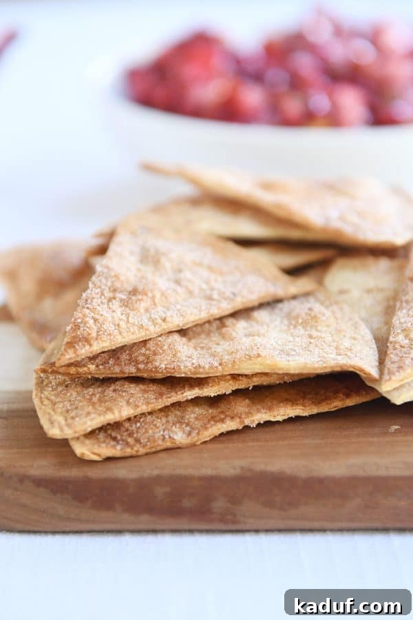Vibrant Fruit Salsa with Honey-Kissed Cinnamon Crisps 6 Baked cinnamon tortilla chips on wood cutting board.