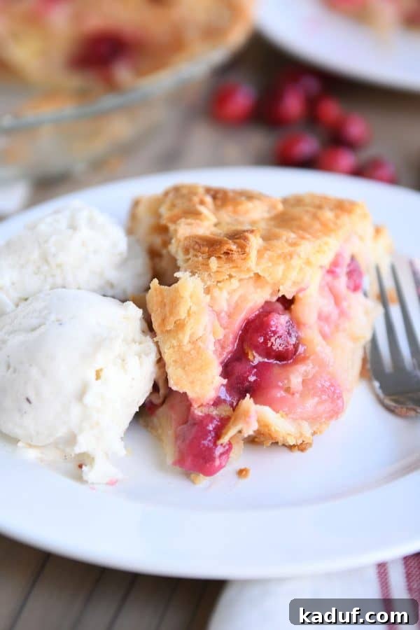 Thanksgivings Beloved Apple Cranberry Pie 2 Slice of apple cranberry pie on white plate with ice cream.