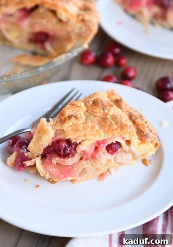 Thanksgivings Beloved Apple Cranberry Pie 17 Slice of apple cranberry pie on white plate.