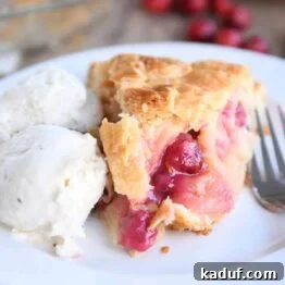 Thanksgivings Beloved Apple Cranberry Pie 18 Slice of apple cranberry pie on white plate with ice cream.