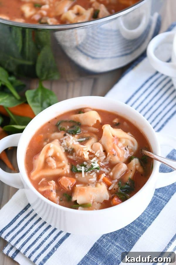 A beautiful white bowl with handles, brimming with steaming creamy Tuscan tortellini soup, garnished with fresh herbs.