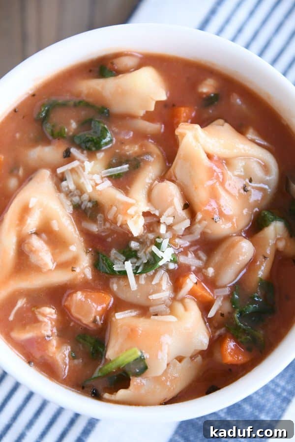 A top-down view of a bowl of creamy Tuscan tortellini soup, showing the vibrant ingredients.