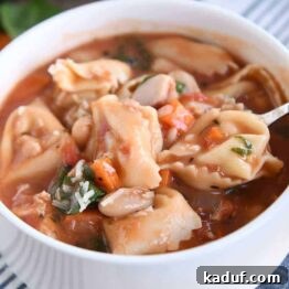 White bowl with handles filled with quick and easy creamy Tuscan tortellini soup.