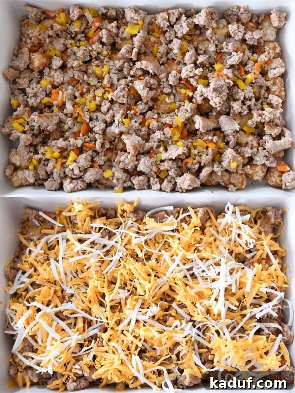 Dreamy Overnight Tater Tot Breakfast 6 Adding sausage, veggies and cheese on top of tater tots.