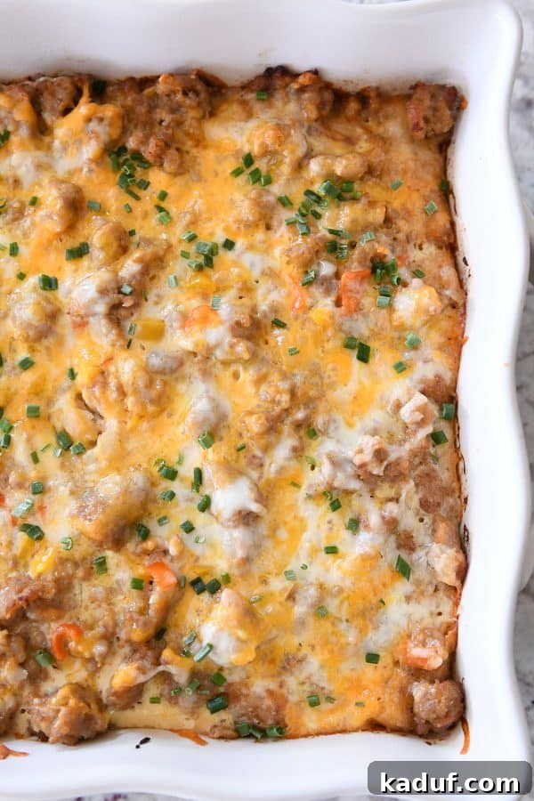 Dreamy Overnight Tater Tot Breakfast 9 Top down view of the baked make-ahead overnight tater tot breakfast casserole.