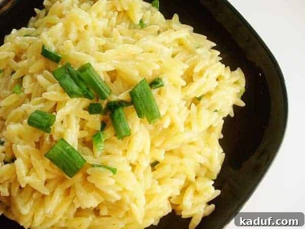 Effortless Orzo Pilaf 2 Black bowl with cooked orzo and chopped chives, ready to serve.