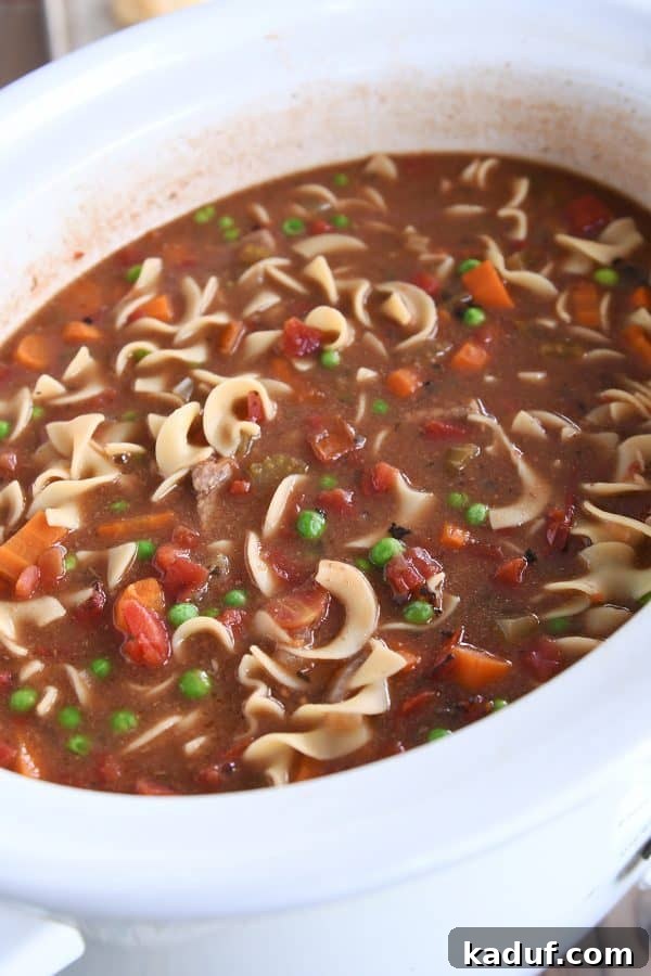 Hearty Slow Cooker Beef and Veggie Noodle Soup 11 White slow cooker filled with the finished, vibrant beef vegetable noodle soup with all ingredients combined.