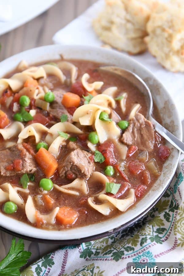 Hearty Slow Cooker Beef and Veggie Noodle Soup 12 Close-up of a bowl of slow cooker beef vegetable noodle soup, showing tender beef, noodles, and vibrant vegetables.