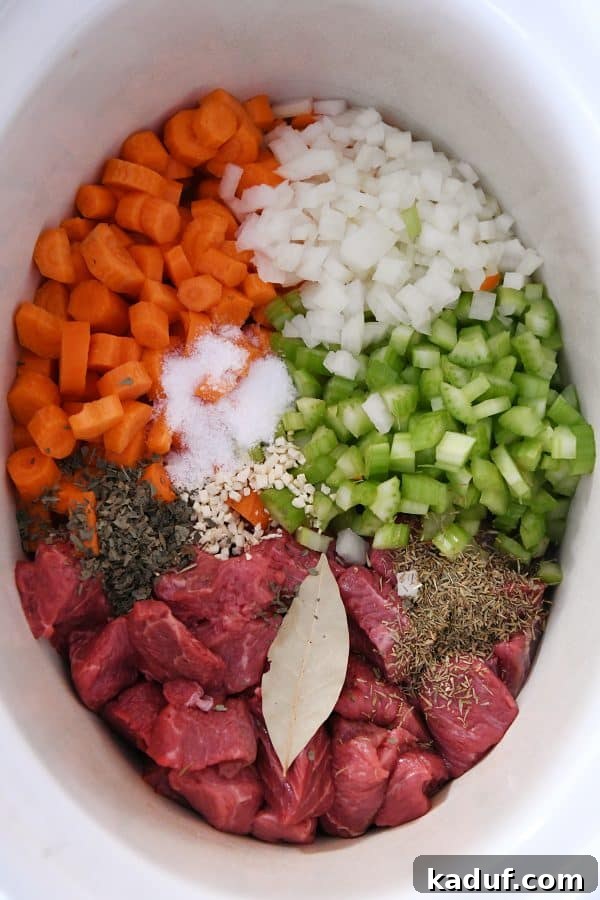 Hearty Slow Cooker Beef and Veggie Noodle Soup 4 Top down view of raw beef, chopped veggies, and seasonings carefully placed in a slow cooker pot.