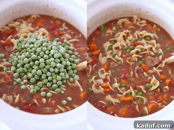Hearty Slow Cooker Beef and Veggie Noodle Soup 10 Adding a bag of frozen peas to the slow cooker beef vegetable noodle soup.