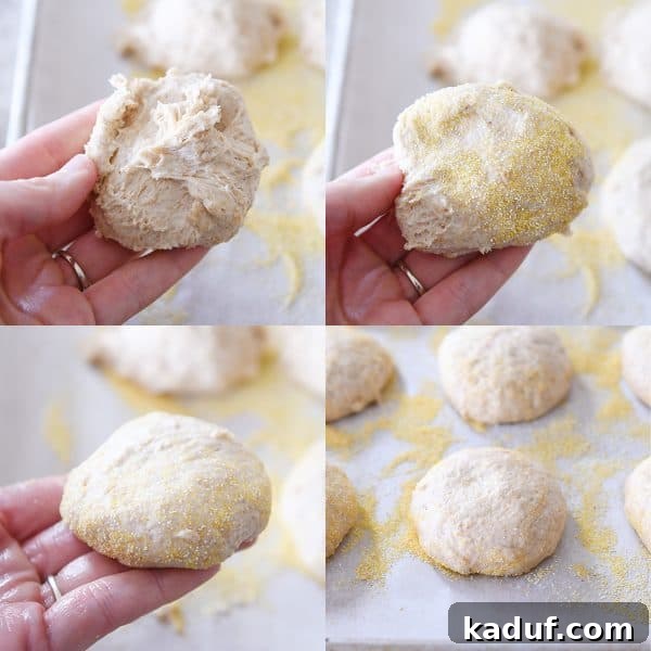 Shaping english muffins into smoother shapes.