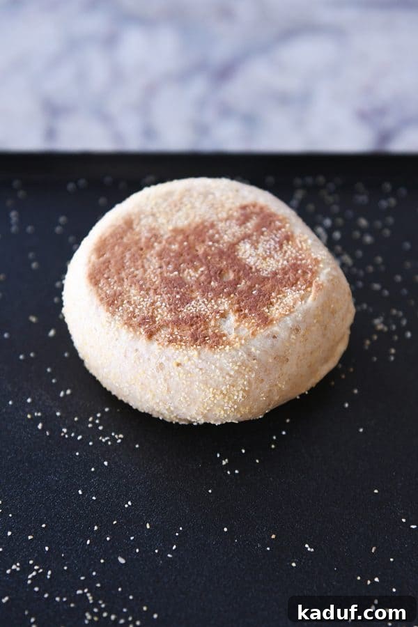 Golden brown homemade English muffin on a griddle. 