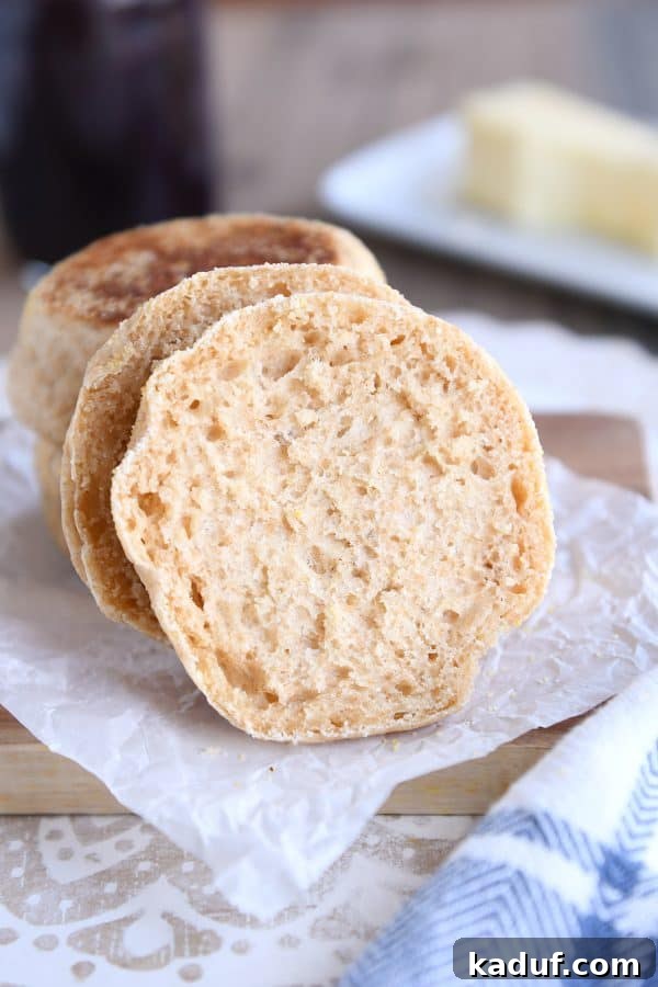 Easy homemade english muffins split in half.
