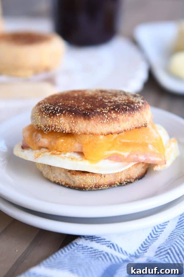 Homemade english muffins sandwiched with ham and egg.