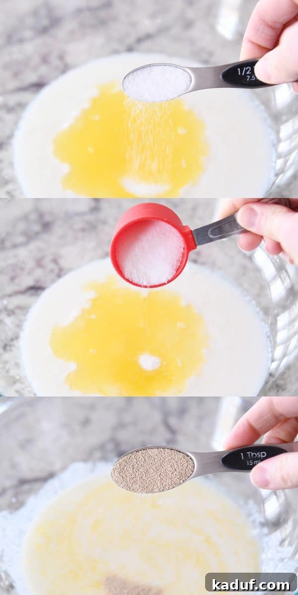 Adding butter, sugar, salt and yeast to buttermilk.