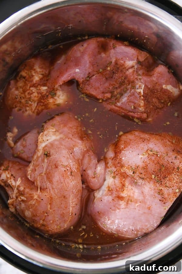 Tender BBQ Pork Tacos Instant Pot Slow Cooker Friendly 5 Seasoned pork roast pieces bathing in a savory mixture of broth, root beer, and BBQ sauce inside an Instant Pot, ready to be pressure cooked into tender perfection for BBQ pork tacos.