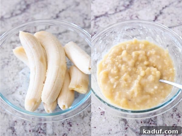 Irresistible Banana Muffins 6 Ripe bananas being mashed with a fork in a clear glass bowl, ready for the muffin batter.