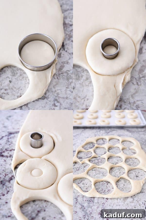 Melt-in-Your-Mouth Homemade Glazed Donuts 13 Cutting out homemade donuts with a round donut cutter from rolled dough.