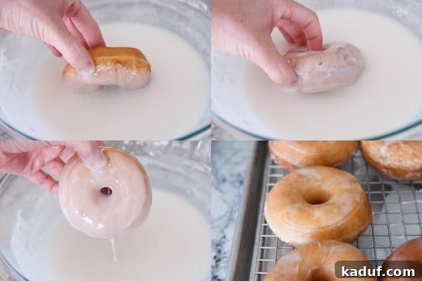 Melt-in-Your-Mouth Homemade Glazed Donuts 21 Dipping a freshly fried homemade donut into a bowl of sweet glaze.