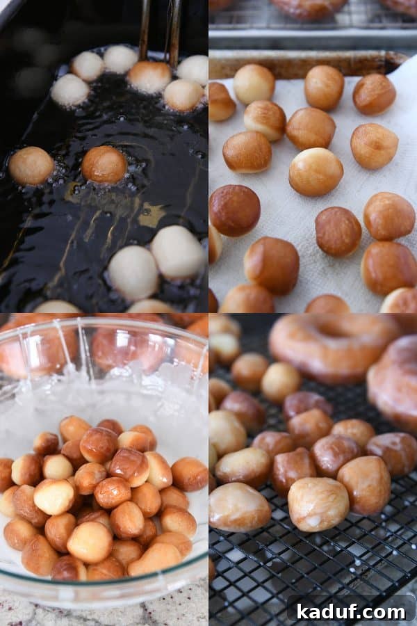 Melt-in-Your-Mouth Homemade Glazed Donuts 23 Frying donut holes in hot oil, showing some uneven browning.