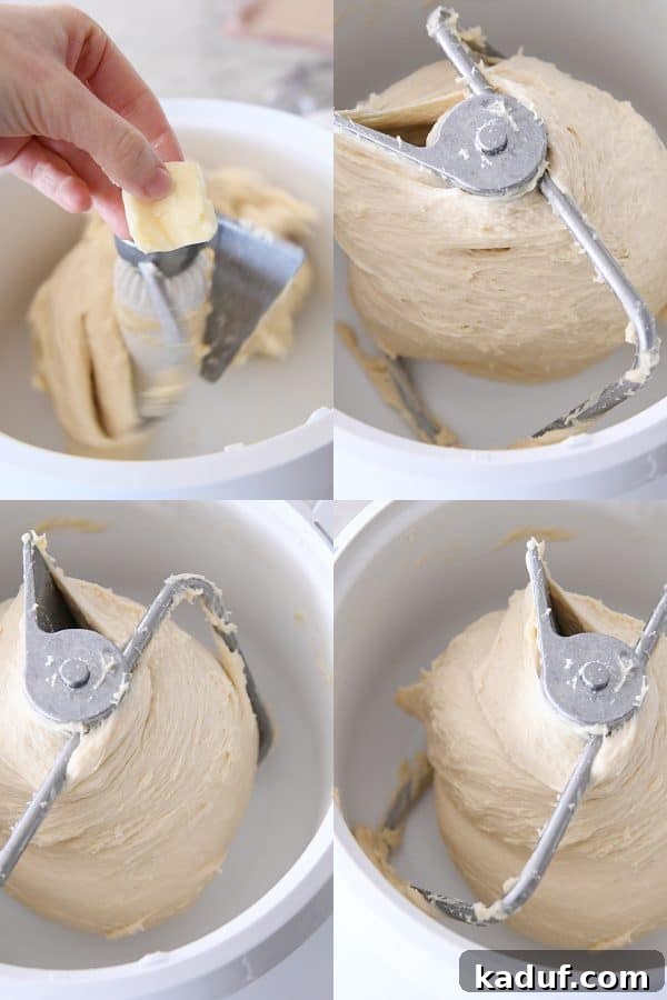 Melt-in-Your-Mouth Homemade Glazed Donuts 7 Adding softened butter pieces to the mixing homemade donut dough in a Bosch mixer.