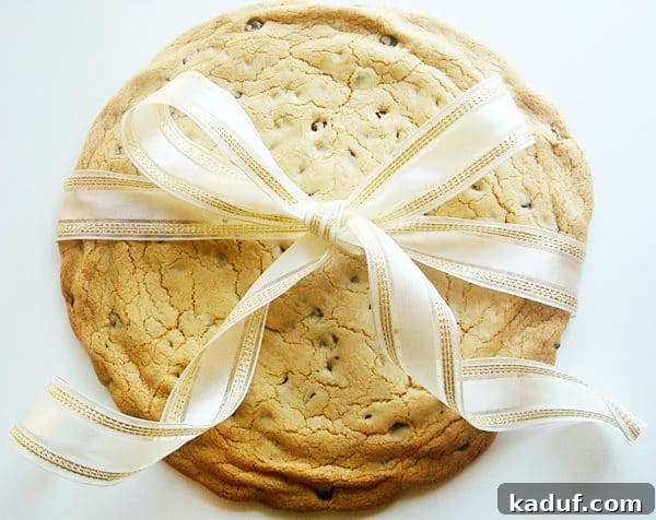 Effortless 12-Inch Monster Chocolate Chip Cookie 6 A giant chocolate chip cookie elegantly wrapped with a ribbon and bow, ready for gifting or a special occasion.