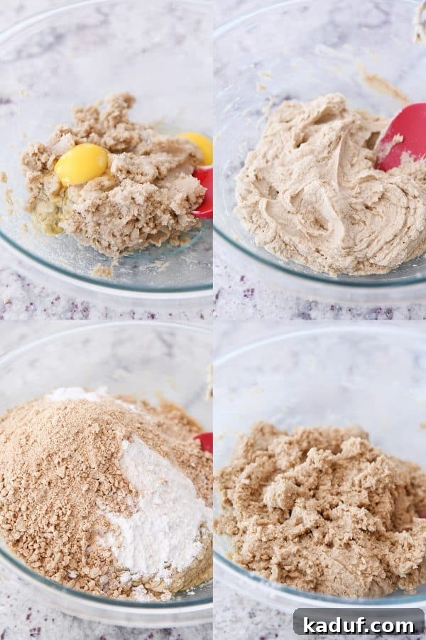 Close-up of golden graham cracker cookie dough batter being mixed in a bowl.