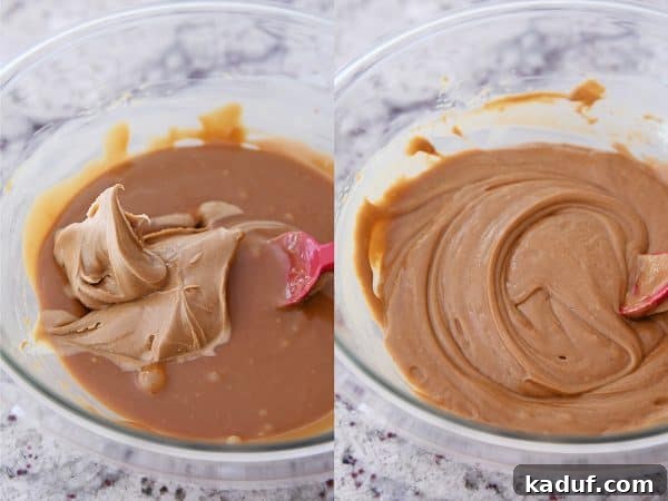 Mixing creamy peanut butter into a bowl of warm, melted caramel.