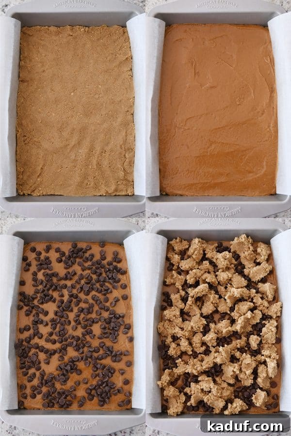 Side-by-side view of pans demonstrating the layering process: graham cracker crust, peanut butter caramel, chocolate chips, and crumble topping.