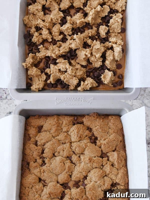 A baked pan of caramel peanut butter cookie bars next to an unbaked pan, showcasing the before and after.