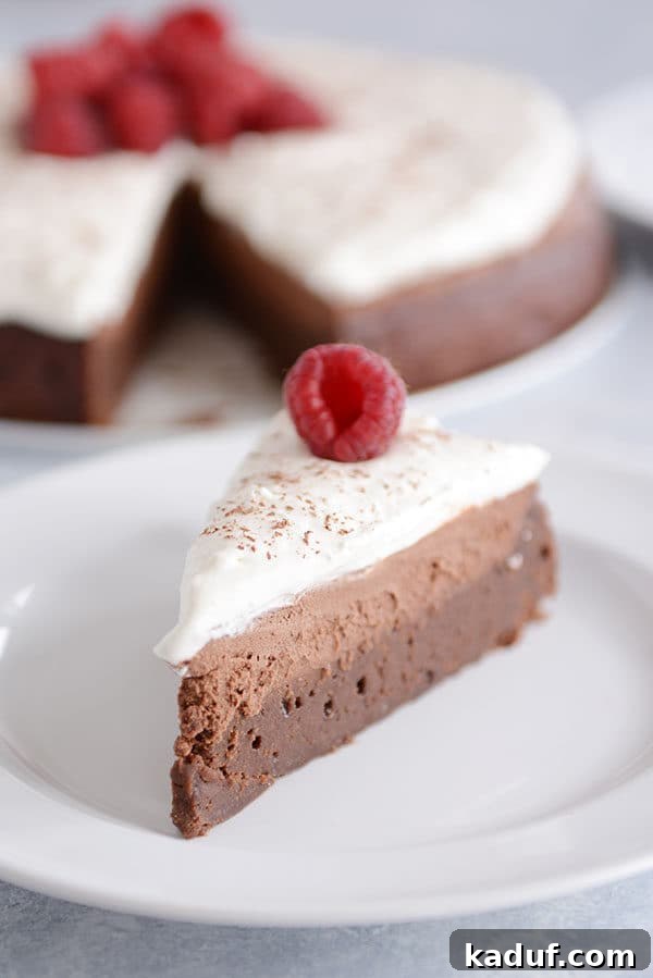 Cloud Nine Chocolate Mousse Torte 4 A perfectly cut slice of chocolate mousse torte adorned with whipped cream and raspberries, placed in front of the remaining torte on a white plate.
