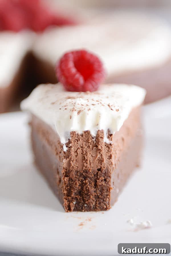 Cloud Nine Chocolate Mousse Torte 7 A delectable slice of chocolate torte featuring a distinct mousse layer in the middle and crowned with fluffy whipped cream, presented on a white plate.