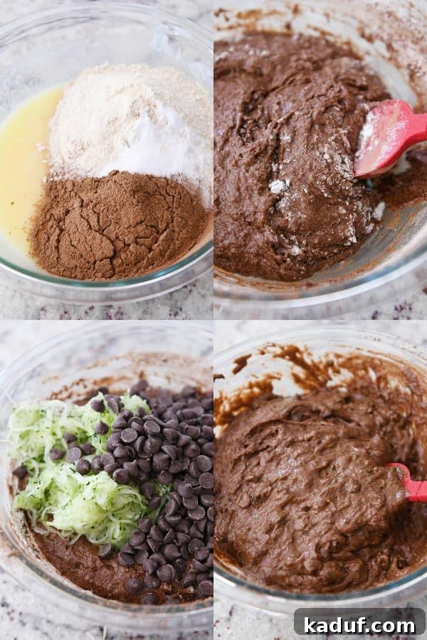 Wholesome Double Chocolate Zucchini Muffins 4 A glass bowl filled with the chocolate zucchini muffin batter, showcasing the rich brown color and visible chocolate chips and zucchini flecks.