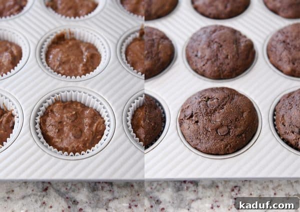 Wholesome Double Chocolate Zucchini Muffins 5 A side-by-side comparison of unbaked muffin batter in a tin and golden-brown baked zucchini muffins, ready to be enjoyed.