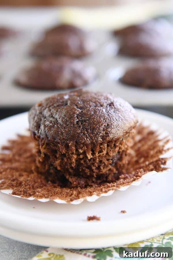 Wholesome Double Chocolate Zucchini Muffins 7 An unwrapped double chocolate zucchini muffin, showing its delicate texture and the melted chocolate chips within.