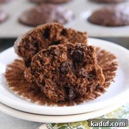 Wholesome Double Chocolate Zucchini Muffins 9 double chocolate zucchini muffin in half on muffin liner