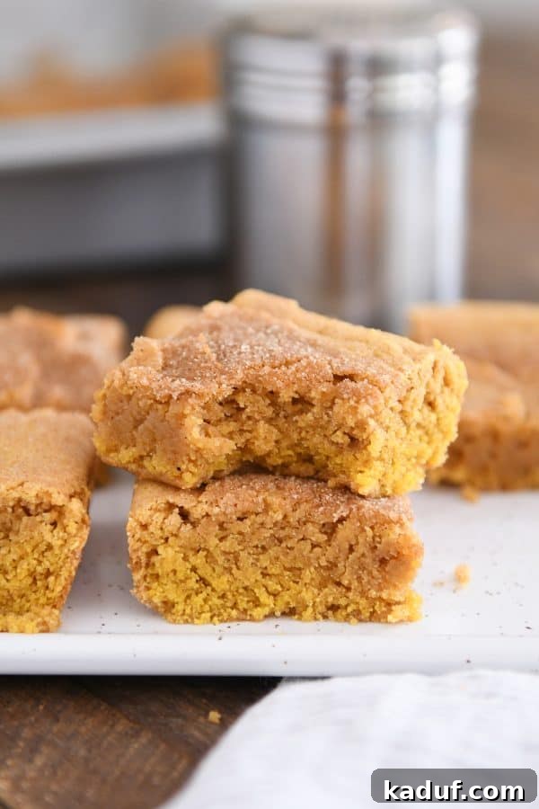 Harvest Spice Pumpkin Snickerdoodle Bars 2 Two pumpkin snickerdoodle bars stacked on white tray with bite taken out of top bar. A perfect fall treat.