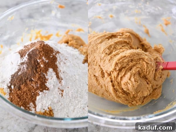 Harvest Spice Pumpkin Snickerdoodle Bars 3 Adding dry ingredients to pumpkin snickerdoodle batter, showcasing the one-bowl convenience of this recipe.