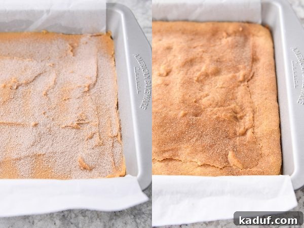 Harvest Spice Pumpkin Snickerdoodle Bars 4 Cinnamon and sugar sprinkled generously over freshly prepared pumpkin snickerdoodle bars, ready for baking.