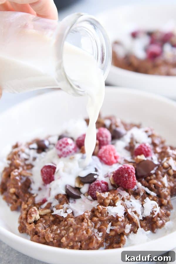 Chocolate Lover's Instant Pot Steel Cut Oats 2 Pouring milk over instant pot chocolate steel cut oats in white bowl with frozen raspberries.