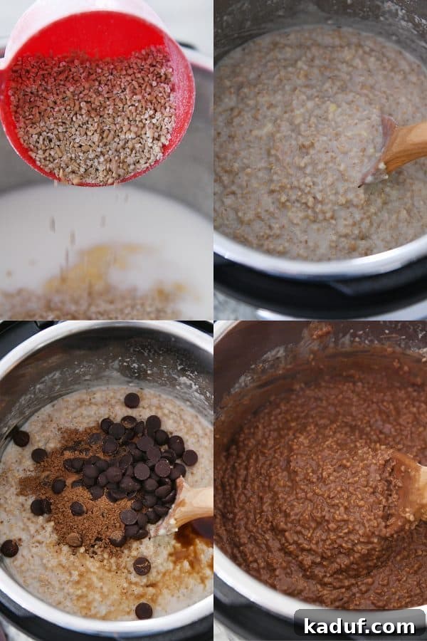 Chocolate Lover's Instant Pot Steel Cut Oats 4 Pouring steel cut oats into instant pot, stirring oatmeal, adding chocolate to oatmeal.