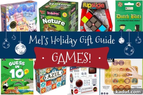 Mels Ultimate Holiday Gaming Gifts 2 A vibrant collection of board and card games, perfect for holiday gifting, set against a clean white background.