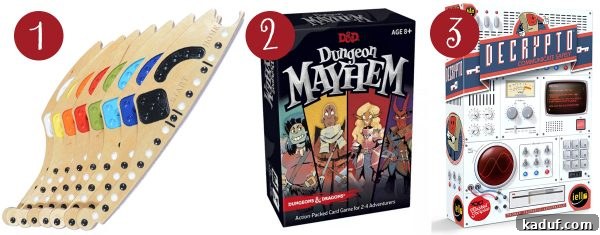 Mels Ultimate Holiday Gaming Gifts 3 Three different board games are displayed: 'Jokers and Marbles,' a classic wooden game; 'Dungeons & Mayhem,' a fantasy-themed card game; and 'Decrypto,' a word-guessing party game.