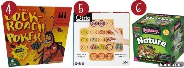 Mels Ultimate Holiday Gaming Gifts 4 Four board and card games are neatly arranged: 'Otrio Le,' a modern tic-tac-toe variant; 'Cockroach Poker,' a bluffing card game; and 'Skillmatics Guess in 10,' a trivia game.
