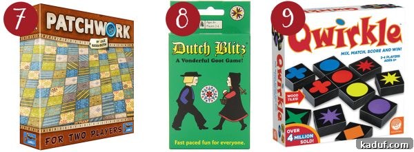 Mels Ultimate Holiday Gaming Gifts 5 Three different board games are shown: 'Patchwork,' a two-player quilting game; 'Dutch Blitz,' a fast-paced card game; and 'Qwirkle,' a colorful tile-matching game.