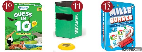 Mels Ultimate Holiday Gaming Gifts 6 Three outdoor and family-friendly games are displayed: 'Skillmatics Guess in 10,' a trivia card game; 'Go Gater Disc Slam,' an outdoor disc throwing game; and 'Mille Bornes,' a classic road trip card game.