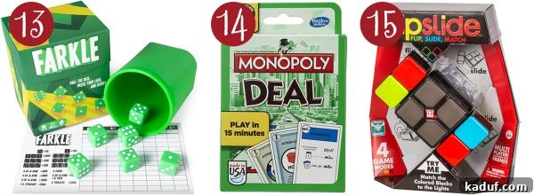 Mels Ultimate Holiday Gaming Gifts 7 Three popular dice and card games: 'Farkle,' a classic dice rolling game; 'Monopoly Deal,' a fast-paced card game version of Monopoly; and 'Flip Side,' a reflex-based electronic game.