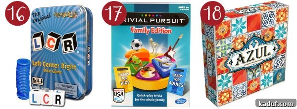 Mels Ultimate Holiday Gaming Gifts 8 Three diverse games are featured: 'LCR' (Left Center Right), a simple dice game; 'Trivial Pursuit Family,' a trivia board game for all ages; and 'Azul,' a strategic tile-laying game.